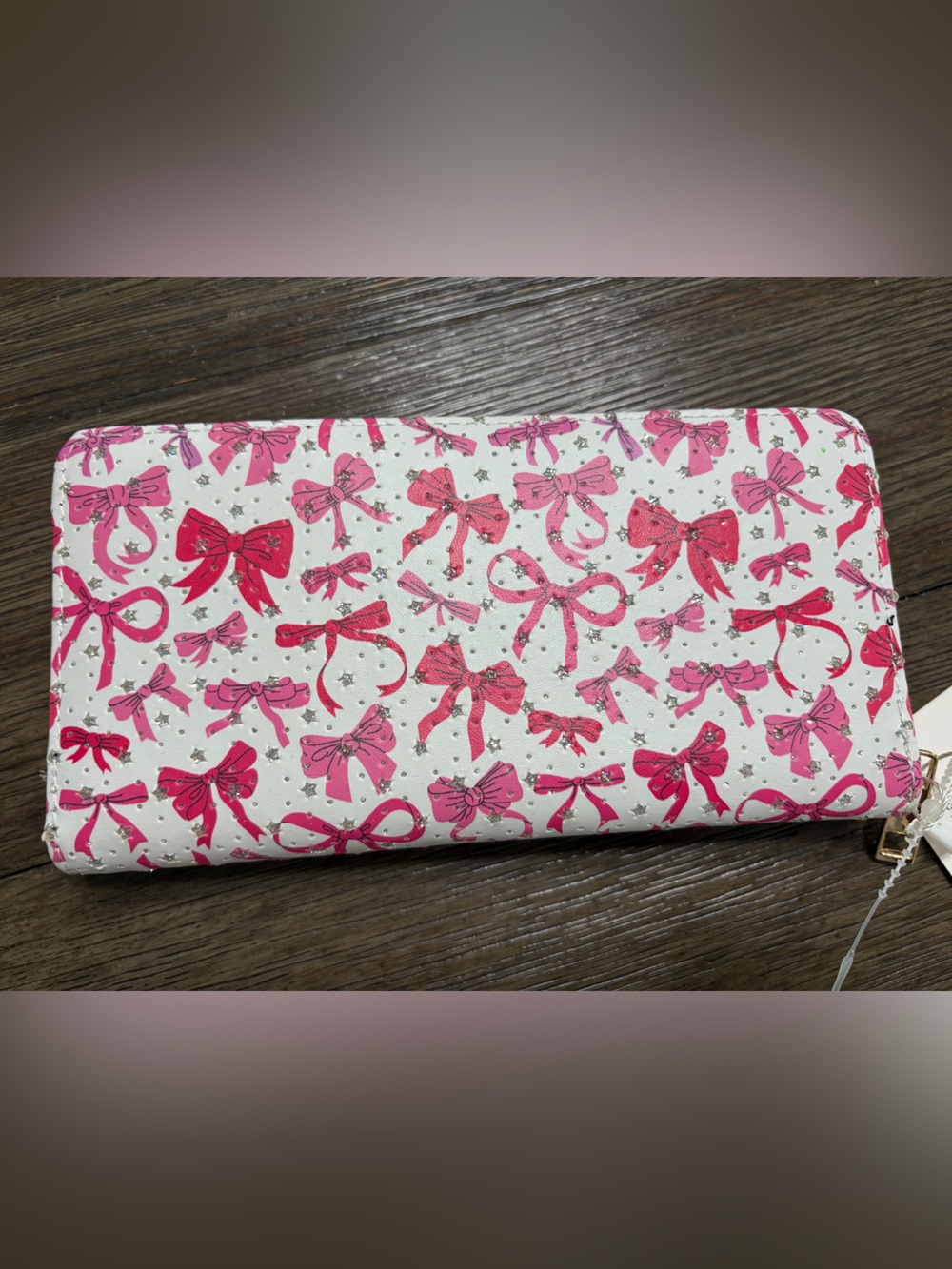 Bow-Print Wallet with Sparkling Stars- Pink & White
